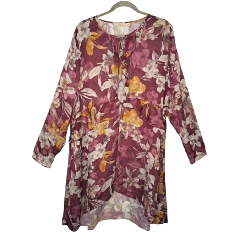 LOGO by Lori Goldstein Purple Sheer Floral Printed Woven Duster Size Medium - Picture 1 of 6